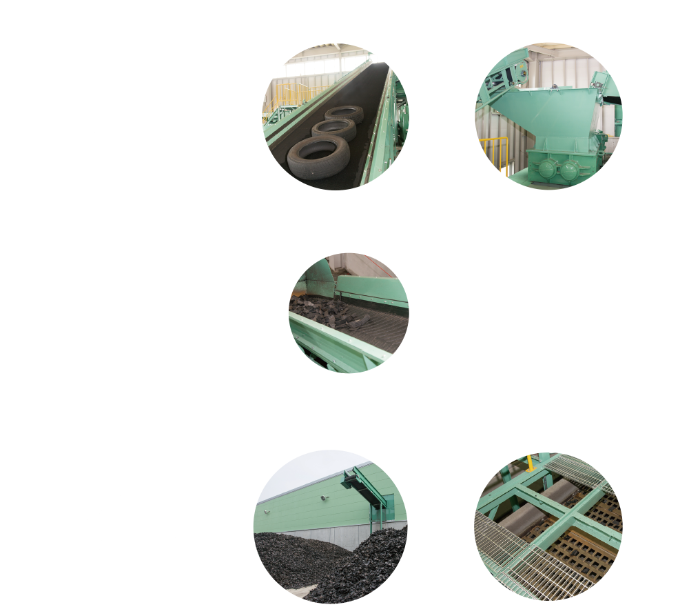 1.収集した廃タイヤは処理施設へ→2.タイヤはコンベアに乗り破砕機へ→3.破砕機にてタイヤを破砕→4.スクリーンにて分別を行う(企画サイズに合わない物はコンベアーに乗って再度破砕)→5.チップは所定の場所にて適正な保管→6.貯蔵されたチップは専用の車両にて納入先へ